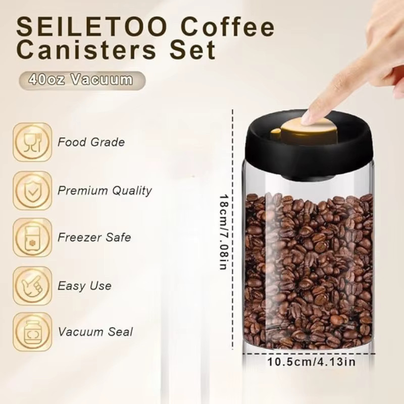 HOCOSHINE Vakuum-Kaffeekanister aus Borosilikatglas, luftdichtes Aufbewahrungsset für Kaffee, Tee oder Zucker, transparent - Bild 6