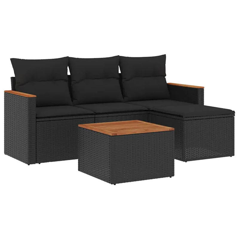 vidaXL 5-teilige Garten-Sofagarnitur aus Poly-Rattan und Akazienholz in Schwarz mit Kissen - Bild 2