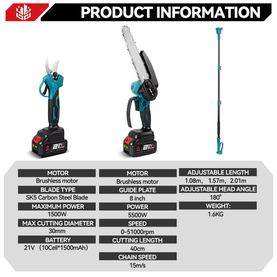 ONEVAN 4-in-1 Bürstenlose Teleskop-Elektrokettensäge mit Schere für hohe Äste, blau, kompatibel mit Makita 18V Akku - Bild 3