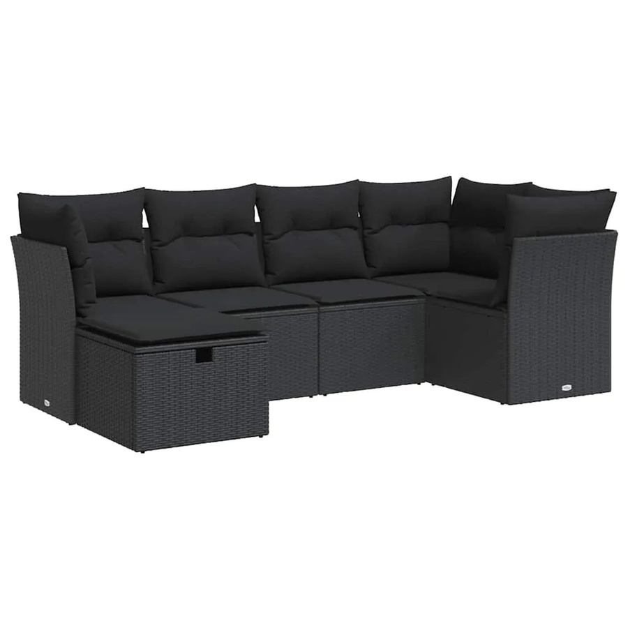 vidaXL 6-teilige Garten-Sofagarnitur in L-Form aus schwarzem Poly-Rattan mit Sitzkissen und Stauraum - Bild 2