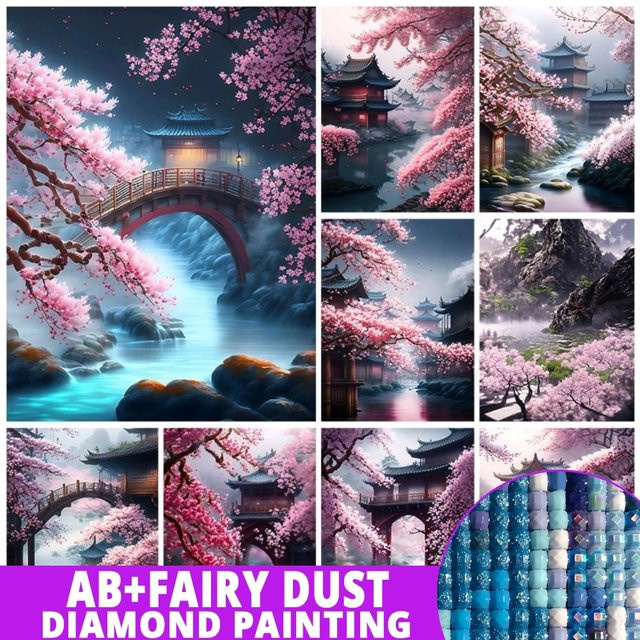 AB Fairy Dust Japanisches 5D-Diamantgemälde Landschaft mit Wasserfall und Tempel, Mehrfarbig, Strass-Mosaik Stickerei-Bild für Erwachsene - Bild 1