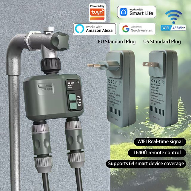 JIHUAN Tuya Smart Gartenbewässerungstimer 2-Kanal mit WLAN und RF433, Programmierbare Tropfbewässerungssteuerung in Grau - Bild 1