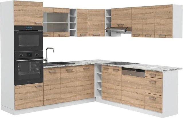 Vicco R-Line Eckküche Einbauküche in Weiß und Sonoma mit Marmor Arbeitsplatte B/T/H: 247 x 60 x 85 cm - Bild 2