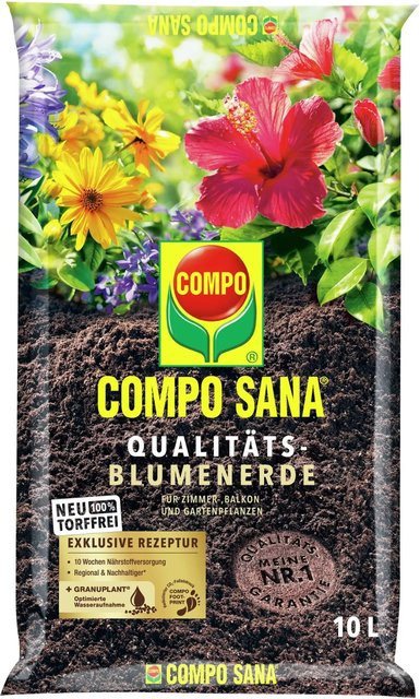 Compo Sana Torffreie Qualitäts-Blumenerde für Zimmerpflanzen, Balkonpflanzen und Gartenpflanzen mit Bimsstein, 10 l - Bild 1