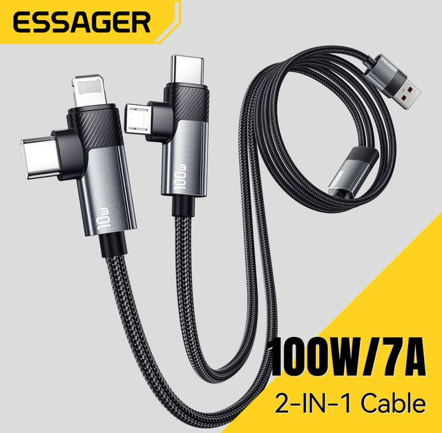 ESSAGER 2-in-1 Multifunktions-Schnellladekabel mit 100 W und 7 A für Typ C, Micro USB und Lightning in Schwarz oder Grau - Bild 1