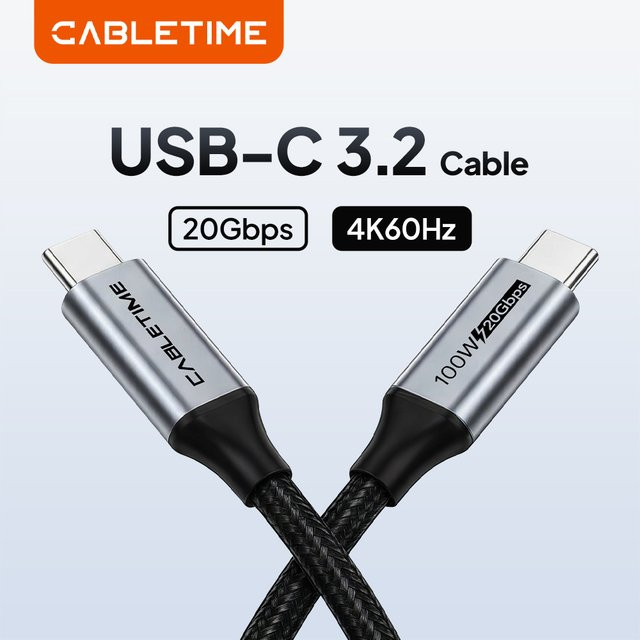 CABLETIME PD100W USB-C Kabel Gen 2 mit 20Gbps und 4K 60Hz, schwarzes Ladekabel für Laptop und MacBook Pro - Bild 1
