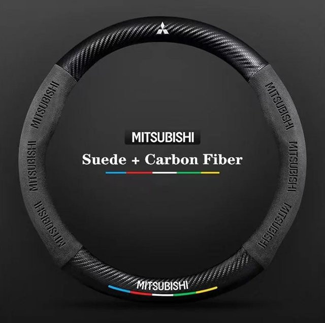 Lenkradabdeckung aus Kohlefaser und Wildleder für Mitsubishi Pajero Sport, Outlander, ASX, Lancer, Eclipse und RALLIART in Schwarz - Bild 1
