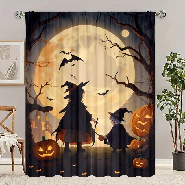 Yiran Furniture Halloween Vorhang Set aus Polyester, 2 Stück, Grau/Mehrfarbig - Bild 1