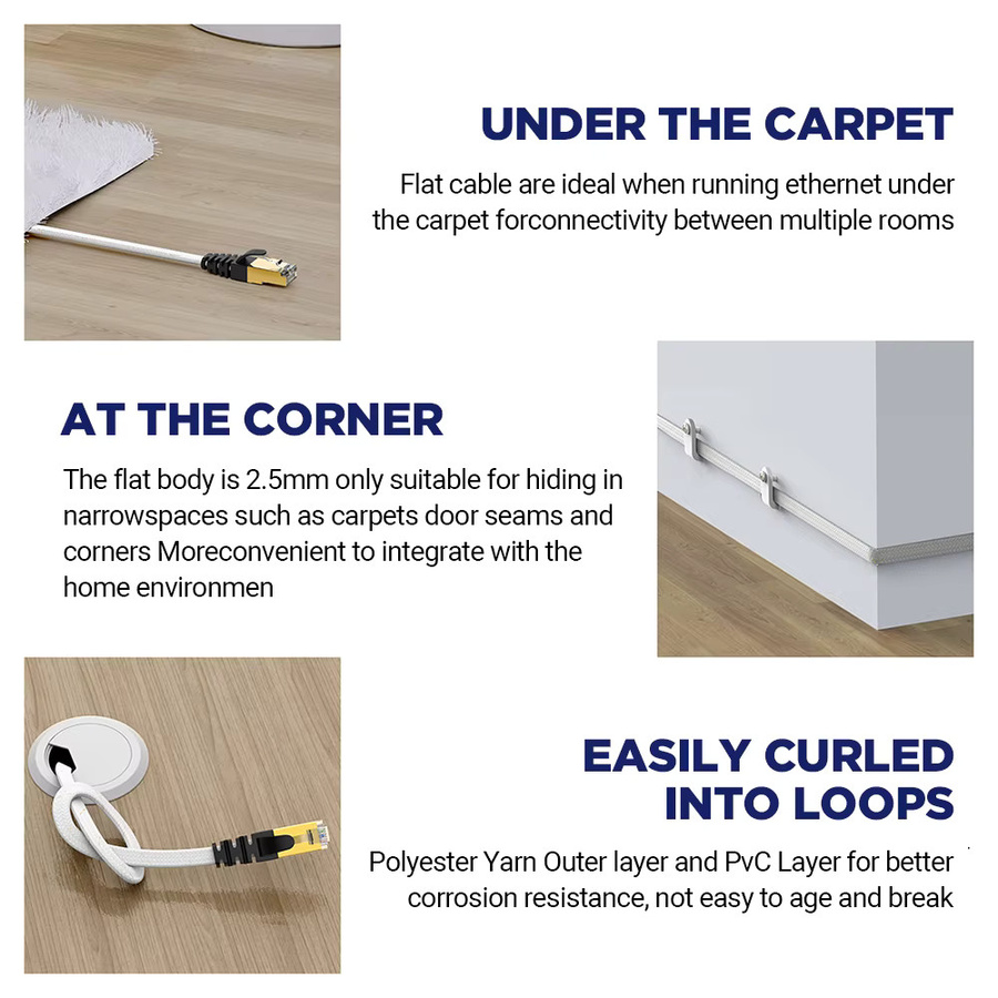 AMPCOM CAT7 Ethernet-Kabel flaches SFTP LAN-Netzwerkkabel mit RJ45-Stecker für Router, Modem, PC und PS4 in Schwarz oder Weiß - Bild 4