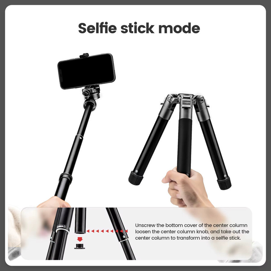 Fotopro Reisestativ mit Telefonhalterung und abnehmbarem Selfie-Stick, 152 cm, Schwarz/Grau - Bild 3