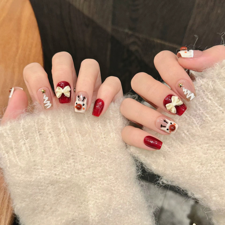 YADORNOS Künstliche Nägel zum Aufdrücken, Rot, Hirsch-Design, Damen, Glänzend - Bild 2