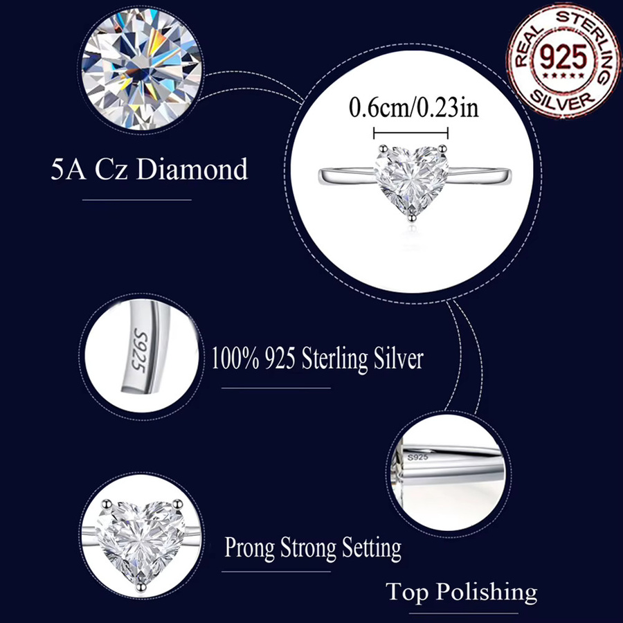 CWWZircons Ring, 925 Silber, Zirkonia, Herz Form, Damen - Bild 2