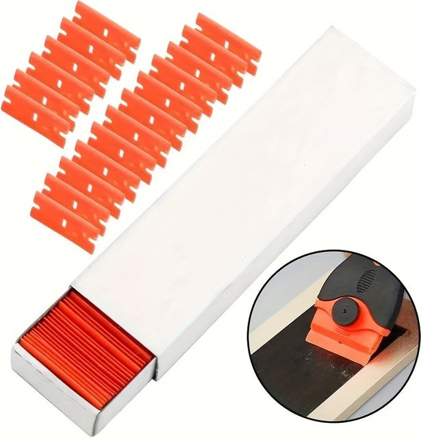 100 Rasierklingen aus Kunststoff mit stabilem Griff in Orange und Schwarz zum Entfernen von Etiketten und Kleberresten - Bild 1