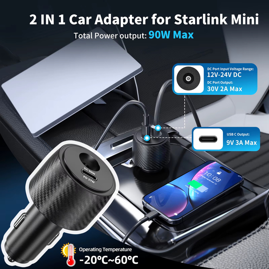 ANMONE 2-in-1 Auto-Stromadapter mit 60W DC und 27W PD Step-Up-Booster für Starlink Mini, Schwarz - Bild 3