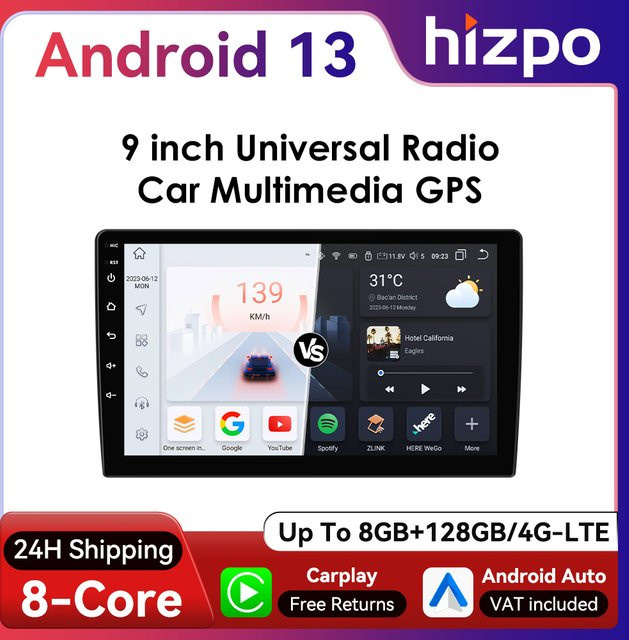 Hizpo 2Din Android Autoradio mit 9 Zoll Display, kabelloses CarPlay, GPS-Navigation, Bluetooth und Snapdragon 6115 Prozessor, Schwarz - Bild 1