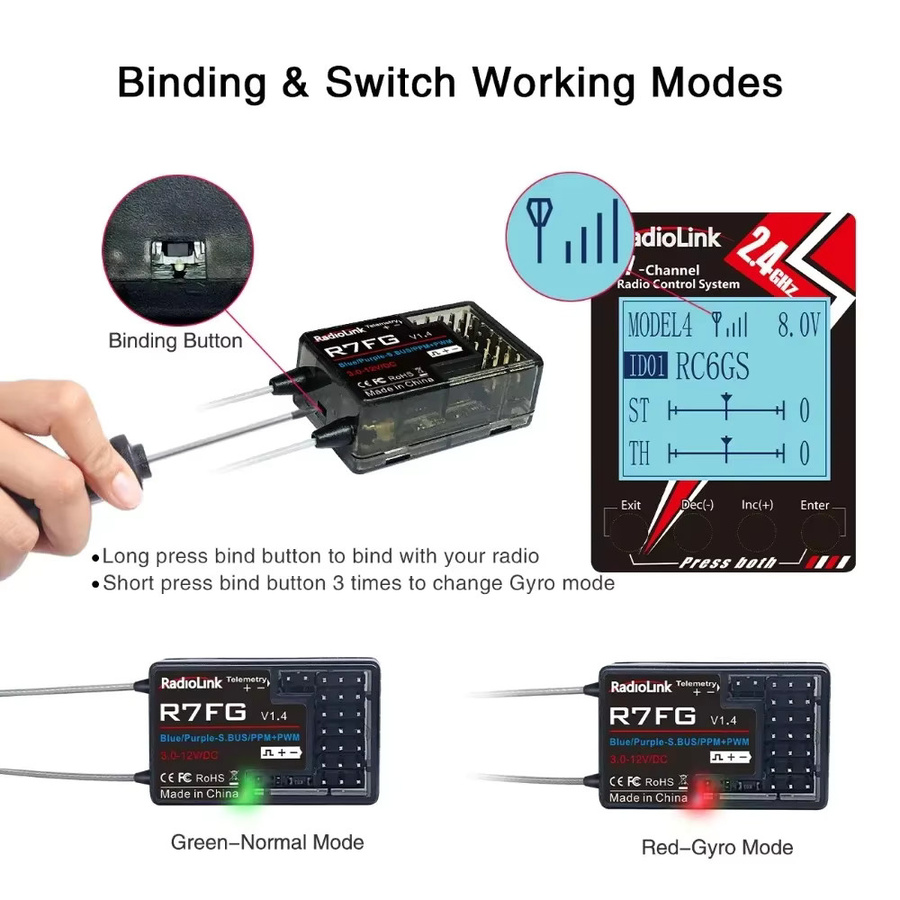 Radiolink R7FG RC-Empfänger, 7 Kanäle, 2,4 G, Gyro, SBUS, PPM, PWM, Telemetrie - Bild 4
