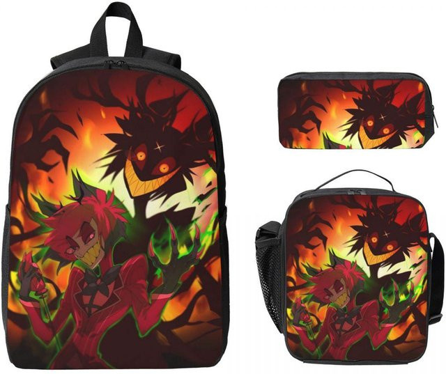 3-teiliges Hazbins Hotel Schulset von Fancy Style Studio mit Rucksack, Federmäppchen und Brotdose in Schwarz und Multicolour - Bild 1