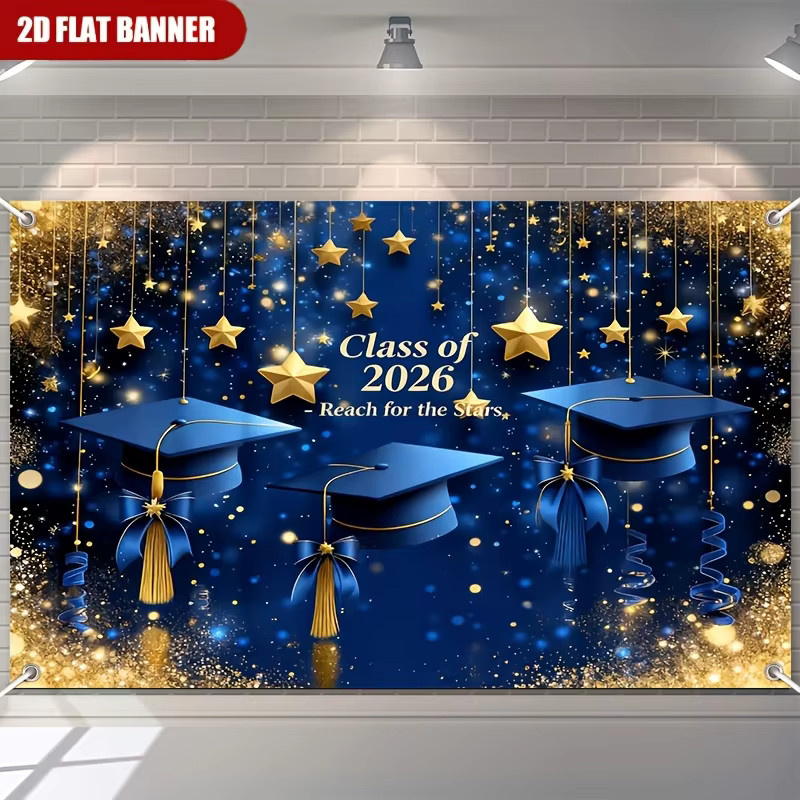 VIKAMA Abschlussfeier Wandteppich Jahrgang 2026 Banner Fotokulisse Blau mit Sternen und abstraktem Design - Bild 6