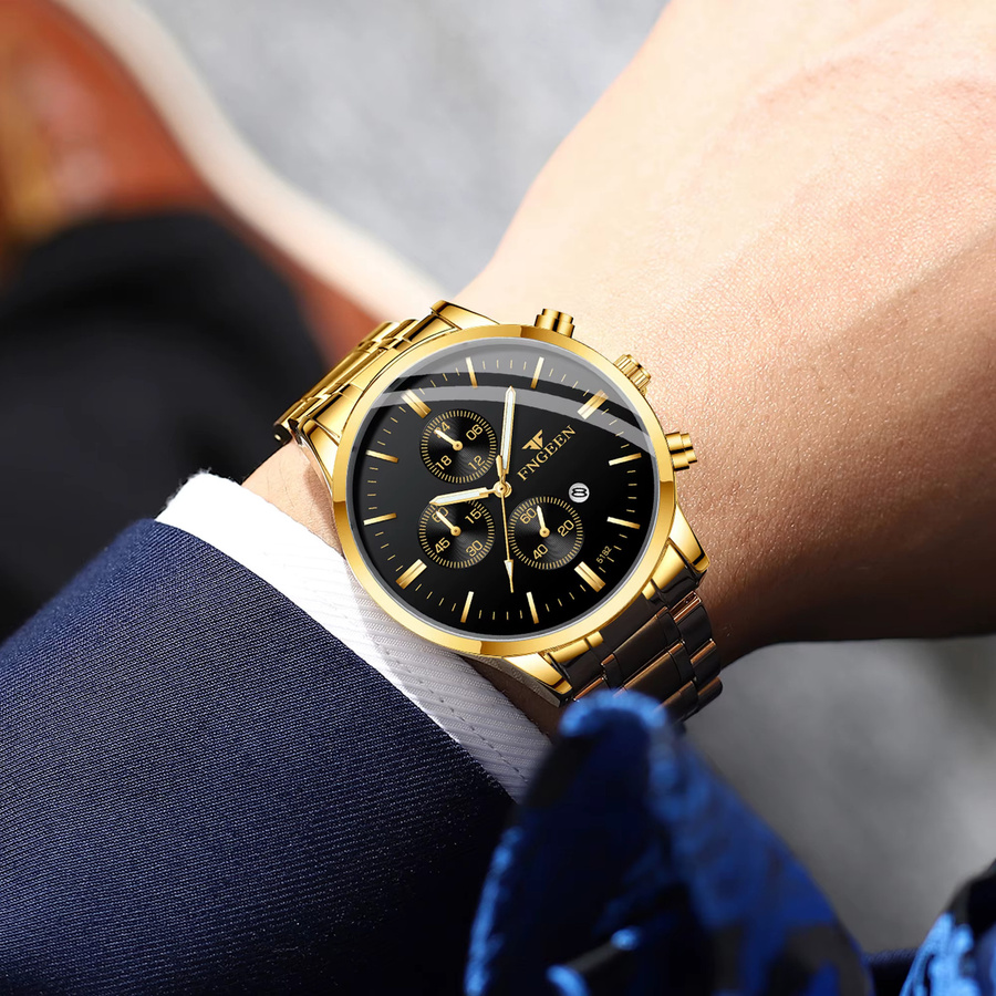BINBOND Armbanduhr Quarz, Edelstahl, Schwarz, Gold, Herren, Datum - Bild 3