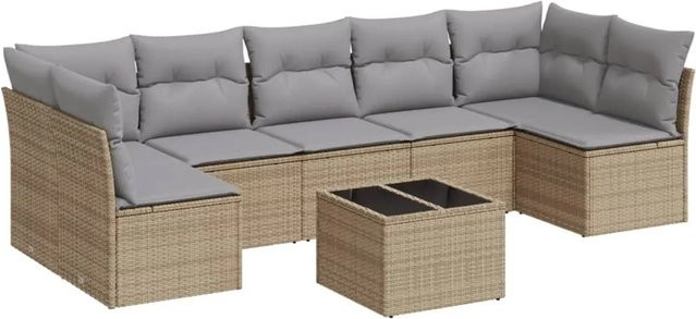 vidaXL 8-teilige Garten-Sofagarnitur in L-Form aus Poly-Rattan in Beige-Grau mit Tisch und Polsterkissen - Bild 1