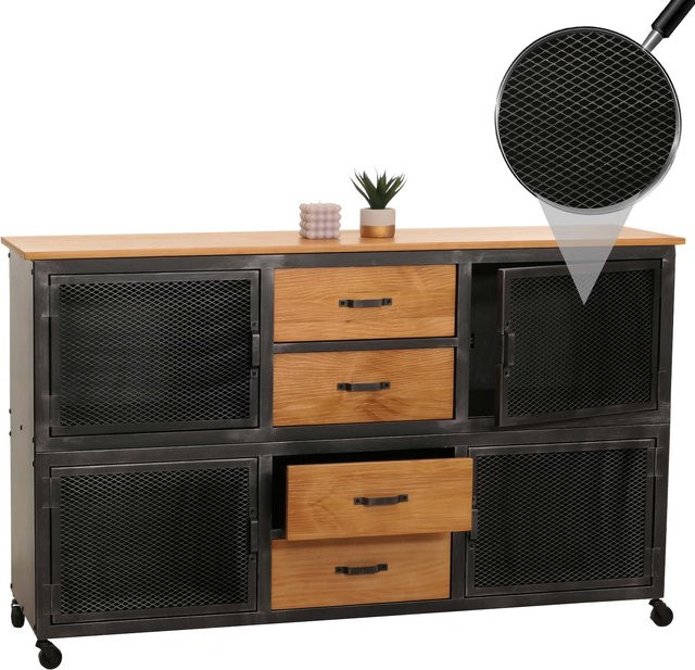 MCW Sideboard MCW-N28 Kommode im Industrial Retro Design mit 4 Schubladen und Rollen, Schwarz und Natur, B/T/H: 150 x 40 x 90 cm - Bild 1