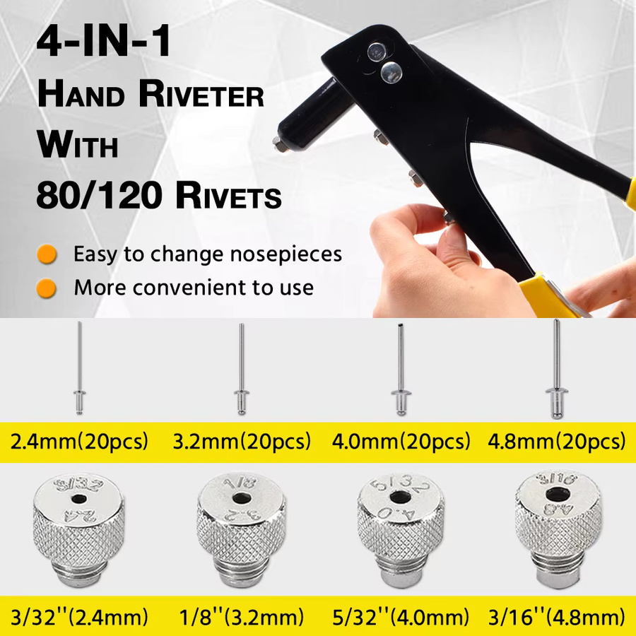 Professionelle manuelle Blindnietpistole von TEMPS DETIR in Schwarz mit 4 Nietköpfen für 2,4 mm, 3,2 mm, 4,0 mm und 4,8 mm Nieten - Bild 3