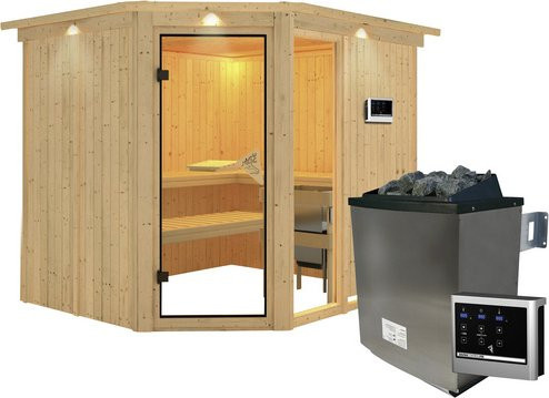 Karibu Sauna Paide 3 aus Fichtenholz in Beige inklusive 9 kW Saunaofen mit externer Steuerung für 4 Personen, B/T/H: 245 x 210 x 202 cm - Bild 1