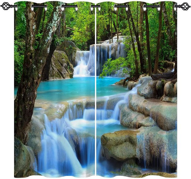 A Family Of Home Textiles Verdunkelungsvorhänge mit Wald- und Wasserfall-Motiv, 2er-Set, halbtransparent, Multicolor, B: 50 cm, H: 130 cm - Bild 1
