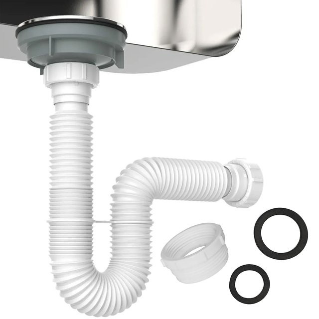 LEENKEA Flexibles Waschbecken-Abflussrohr mit Adapter als P-Falle für Müllentsorgung und Kanalabfluss, 1-1/2" und 1-1/4" - Bild 1