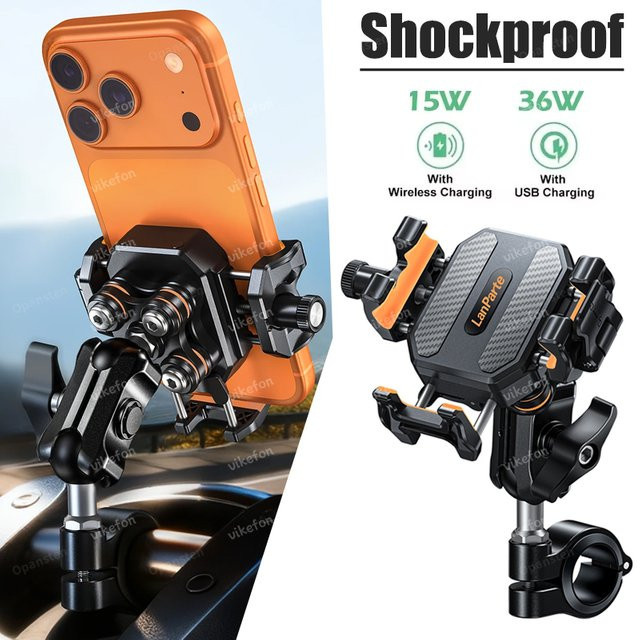 VIKEFON Stoßfester Motorrad-Handyhalter mit 15W kabellosem Ladegerät und 36W USB-C Schnellladung in Schwarz - Bild 1