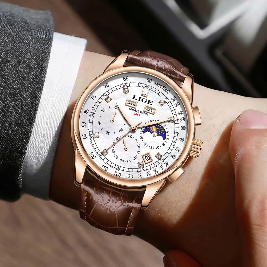 LIGE Armbanduhr Chronograph, Quarz, Weiß, Leder, Herren - Bild 3