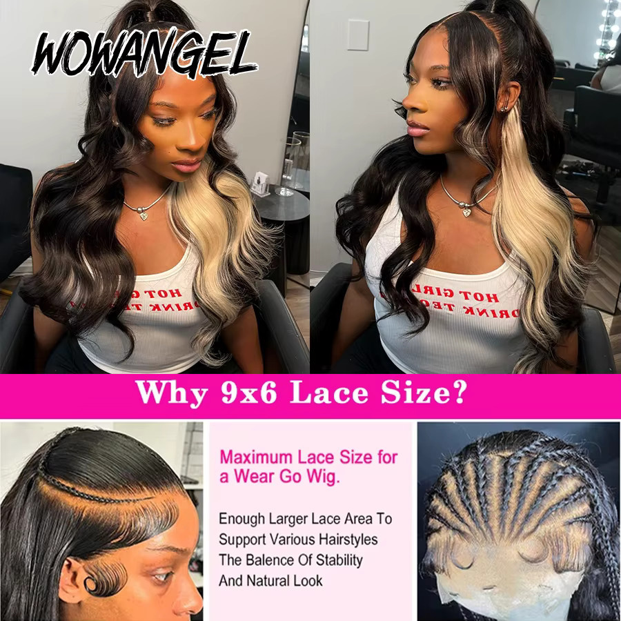 WOWANGEL Black and Blonde Quick Weave Skunk Stripe Perücke, Body Wave, Echthaar - Bild 4