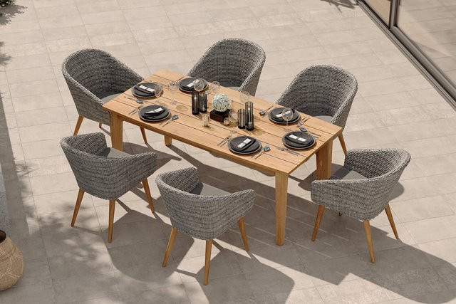 OUTFLEXX Borneo/Kota Garten-Essgruppe aus Akazie, Alu und Polyrattan in Natur/Grau-Meliert mit 6 Cocktailsesseln, B/T: 180 x 90 cm - Bild 1