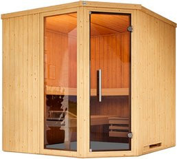 WEKA Ecksauna Varberg 3 für 6 Personen in Braun inklusive 9 kW Ofen mit integrierter Steuerung und Glastür sowie Fenster - Bild 1