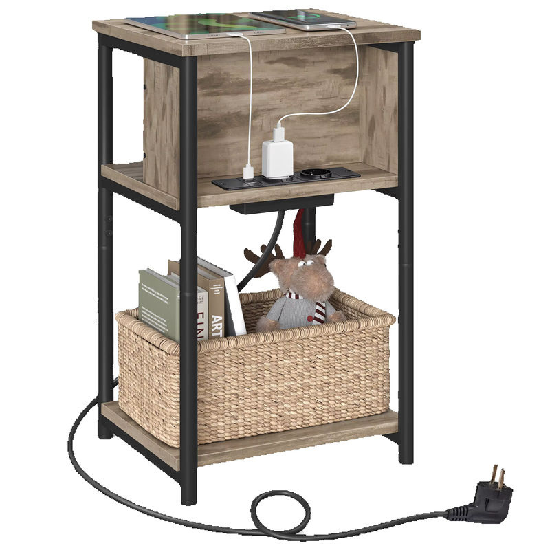 VASAGLE Beistelltisch mit Steckdose und USB-Anschlüssen im Industrial Design, Schwarz-Braun, B/T/H: 30 x 34 x 58 cm - Bild 6