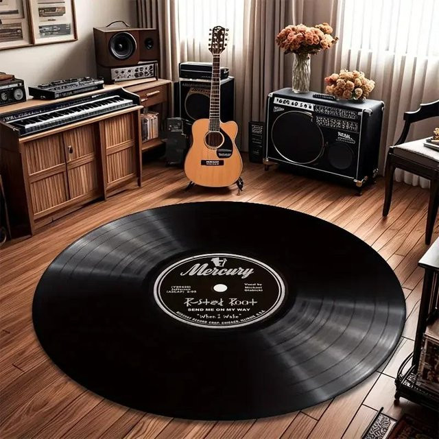 Lodestar Vintage Schallplatten Bodenmatte, rund, schwarz, Polyester, rutschfest und fleckenbeständig, Durchmesser: 80 cm - Bild 1