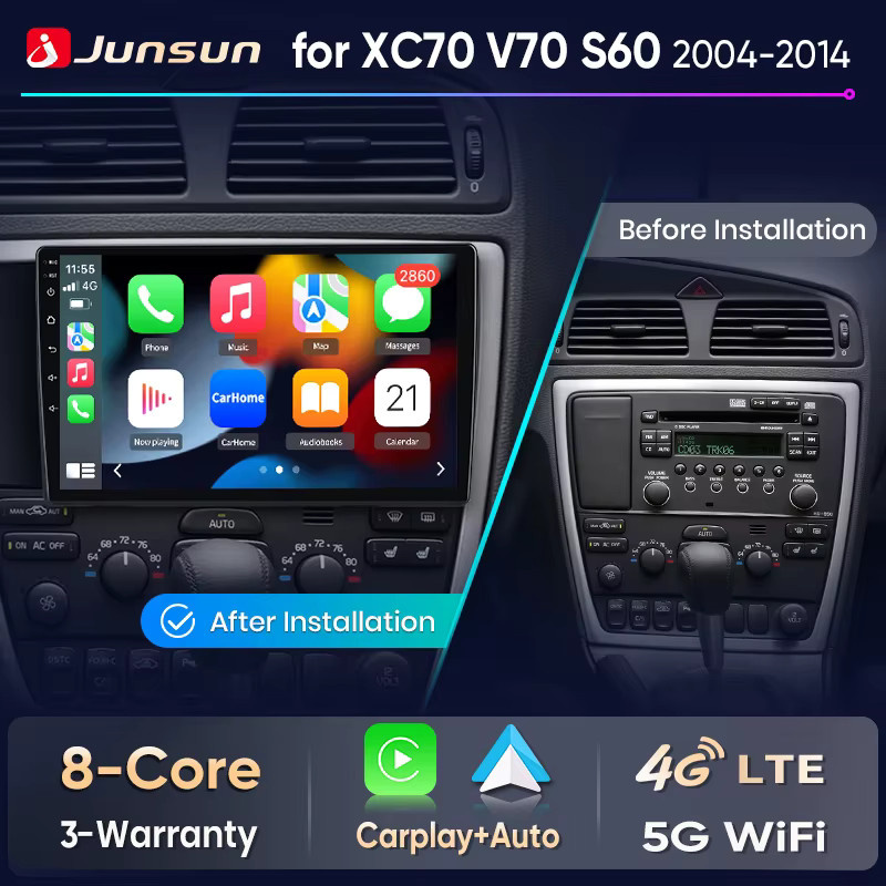 Junsun Multimedia Autoradio mit kabellosem CarPlay und Android Auto für Volvo XC70 V70 S60 (2004-2014) inklusive GPS, Bluetooth und FM Radio in Schwarz - Bild 2