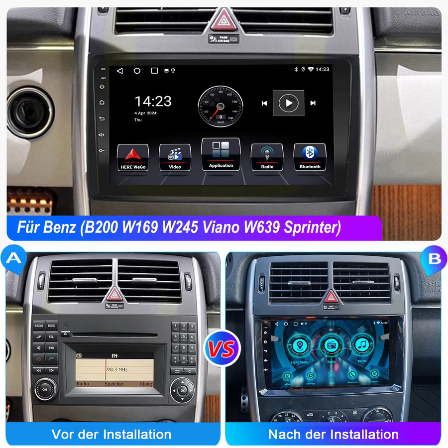 ESSGOO Android 15 Autoradio mit 9 Zoll Display, Wireless Carplay, GPS und Bluetooth für Mercedes W169 W639 Vito Viano W906 Sprinter, Schwarz - Bild 6