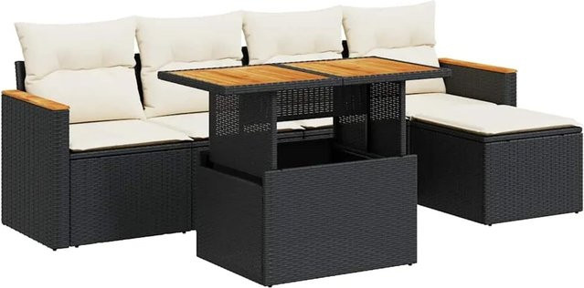 vidaXL 6-teilige Garten-Sofagarnitur aus Poly-Rattan und Akazienholz in Schwarz-Creme mit Kissen - Bild 1