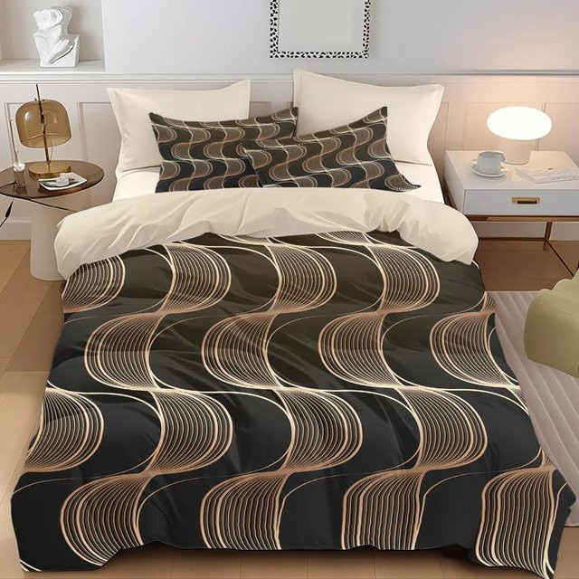 Lodestar 3-teiliges Steppset mit Wellenstreifen-Druck in Braun und Schwarz, bestehend aus 1 Bettdeckenbezug und 2 Kissenbezügen aus Mikrofaser, Breite: 168 cm, Höhe: 229 cm - Bild 1