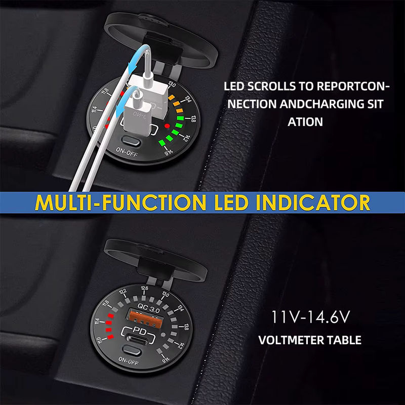 Velev 45W Schnellladegerät mit QC 3.0 und USB-C PD-Anschluss, 12V/24V Auto-Ladegerät mit LED-Voltmeter und EIN/AUS-Schalter, wasserdicht, Schwarz - Bild 4