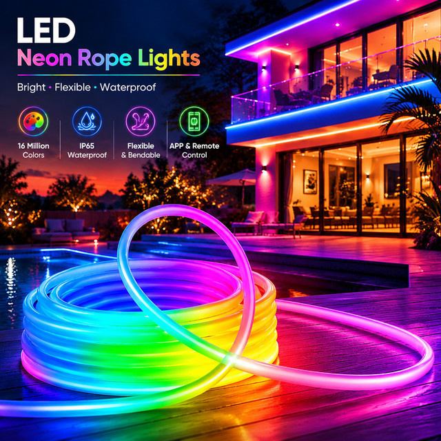 Flexible RGBIC LED Neon-Lichtstreifen in Multicolour mit App- und Fernbedienung, Musik-Sync und Timer, IP67 wasserdicht, ideale Innen- und Außenbeleuchtung für Schlafzimmer, Wand oder Garten - Bild 1