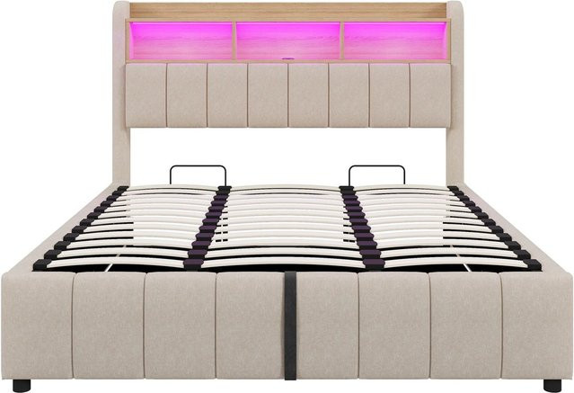 okwish Kinderbett Beige mit LED-Beleuchtung, USB-Ladeanschluss und Stauraum durch Lift-up-Funktion, B/T: 180 x 200 cm - Bild 1