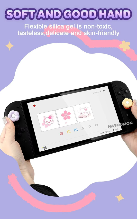 Hayoumon 4er-Set Silikon-Joystick-Kappen mit Blumen-Design für Nintendo Switch und Switch 2 Controller, Weiß/Mehrfarbig - Bild 3