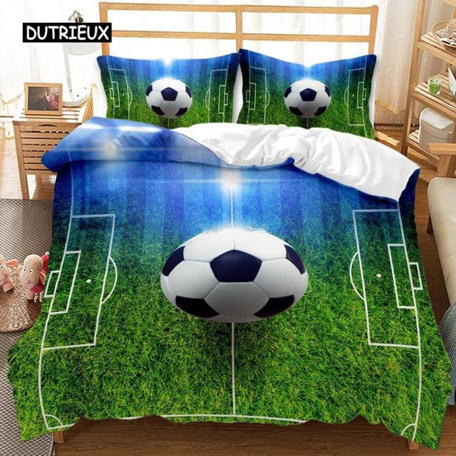 3D Fußball Bettwäsche Set mit Fußballfeld Motiv für Jugendliche, 1 Bettbezug und 2 Kissenbezüge, Multicolor, B/H: 135 x 200 cm - Bild 1
