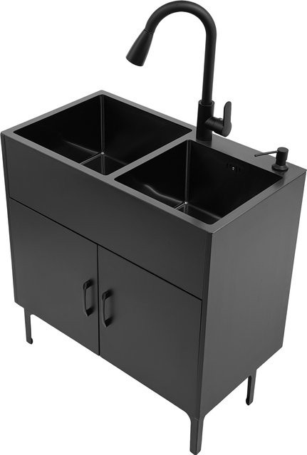 Bymaocar Waschbecken-Schrank mit Edelstahl-Waschbecken in Schwarz Matt, freistehendes Spülbecken für Badezimmer und Küche, Breite: 76,2 cm - Bild 1