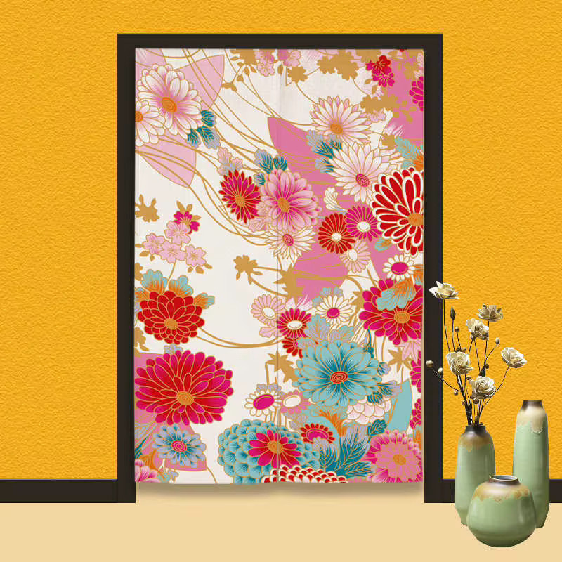 VIKAMA Japanischer Ukiyo-e Noren Türvorhang mit Chrysanthemen-Motiv in Multicolour und Stangenfutter - Bild 1