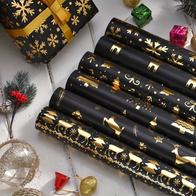 6er-Pack Weihnachts-Geschenkpapier in Schwarz und Gold mit Rentier- und Schneeflocken-Design aus glänzender Folie - Bild 1