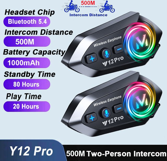 Y12 Pro Motorradhelm-Intercom Bluetooth 5.4 Headset mit RGB-Licht für 2 Fahrer, Schwarz - Bild 1