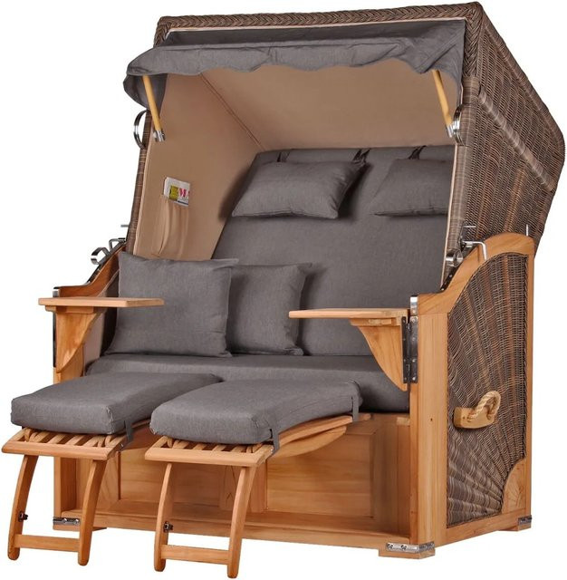 bene,iving Strandkorb Komplettset Schaalsee aus Teakholz und PE-Geflecht in Grau, Modell 551, B/T/H: 170 x 125 x 80 cm - Bild 1